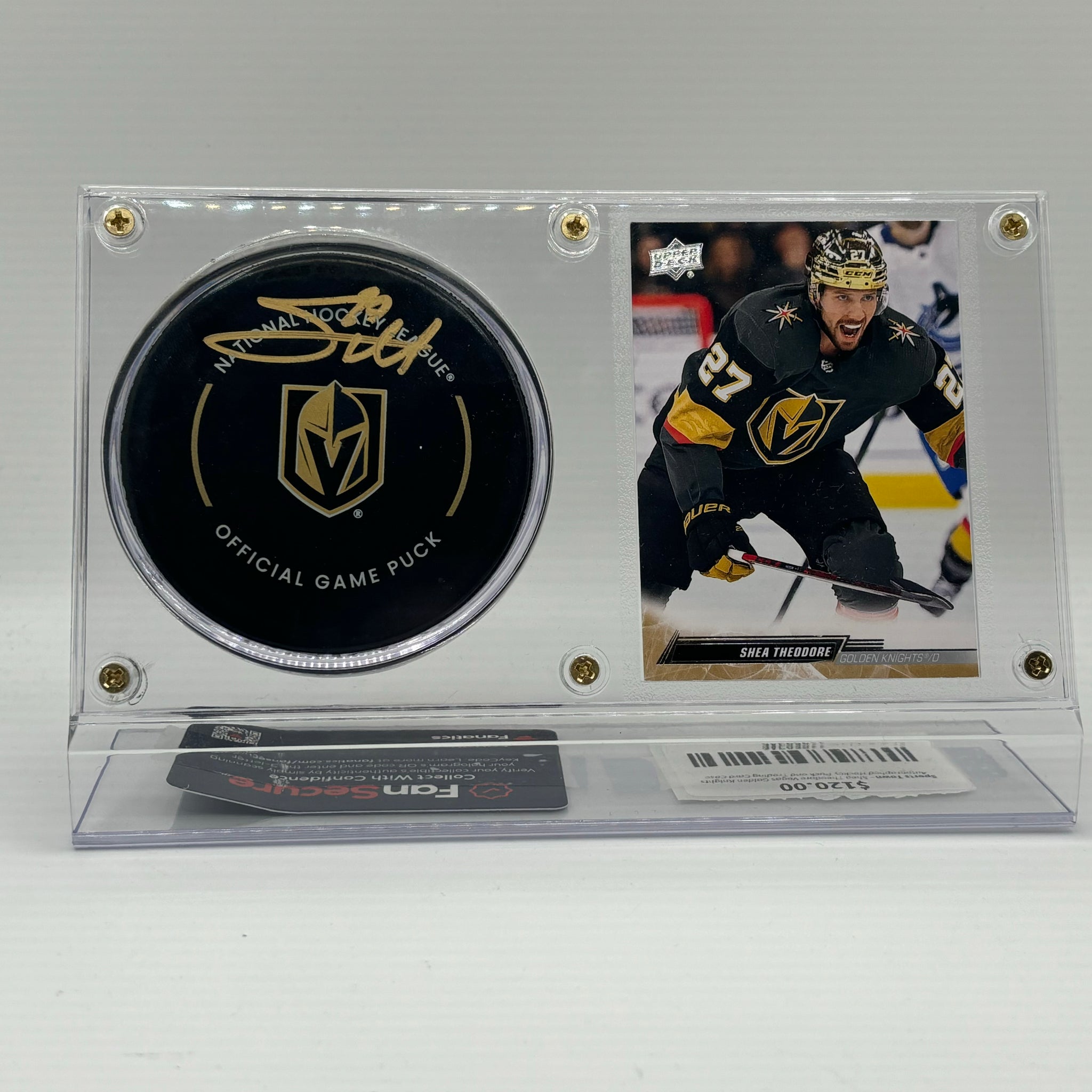 Shea Theodore Vegas Golden Knights Autographed Hockey Puck and Trading Card Case