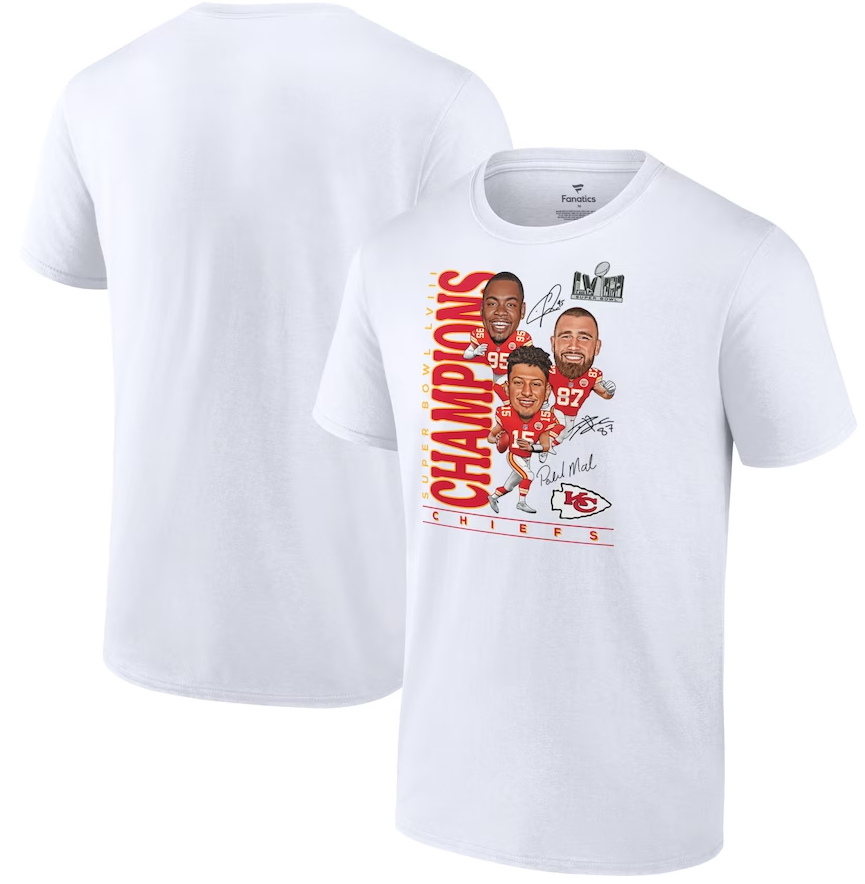 Chris Jones, Travis Kelce & Patrick Mahomes White Kansas City Chiefs Super Bowl LVIII Champions Caricature T-Shirt