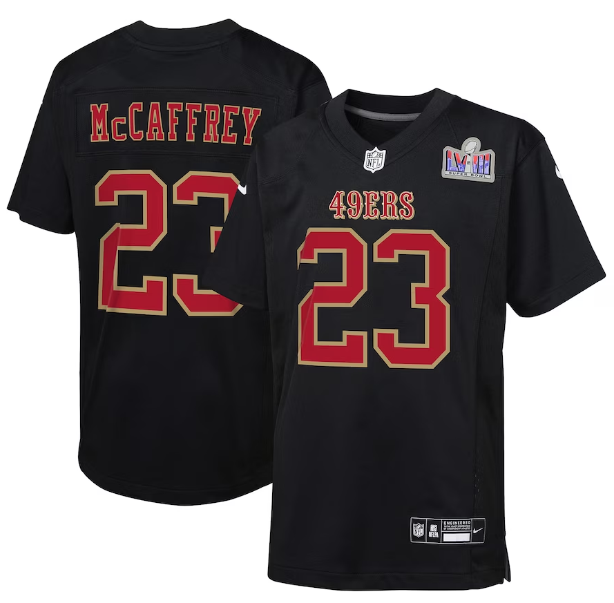 Christian McCaffrey San Francisco 49ers Super Bowl LVIII Youth Nike Patch Black Carbon Fashion Game Jersey