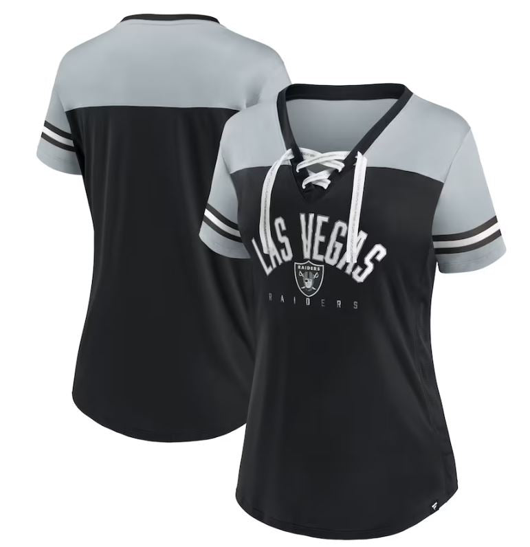 Las Vegas Raiders Women's Blitz & Glam Lace-Up V-Neck Jersey T-Shirt - Black/Gold