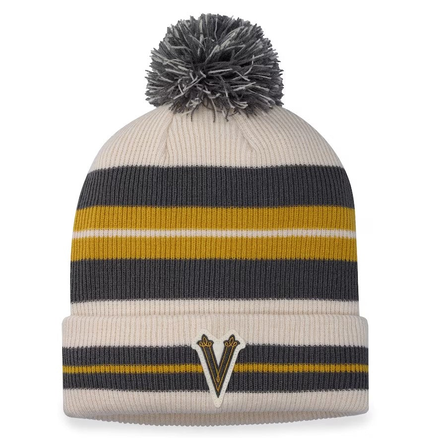 Vegas Golden Knights 2024 Winter Classic Striped Cuffed Knit Beanie with Tasseled Pom - Charcoal/Cream