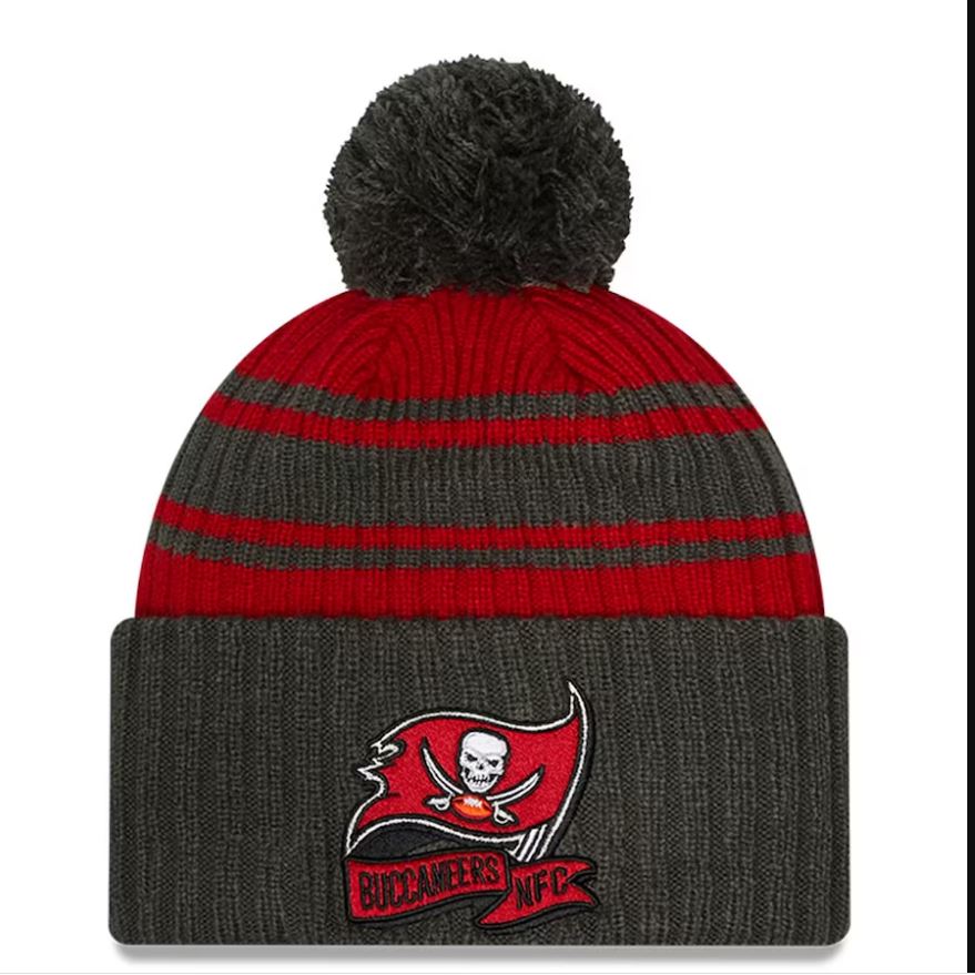 Tampa Bay Buccaneers Pewter/Red 2022 Sideline Cuffed Pom Knit Beanie