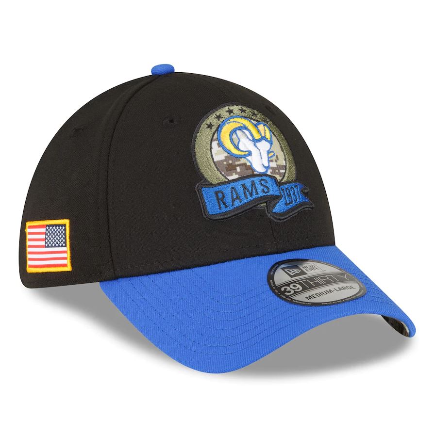 Los Angeles Rams New Era 39THIRTY 2022 Salute To Service Black/Blue Flex Hat
