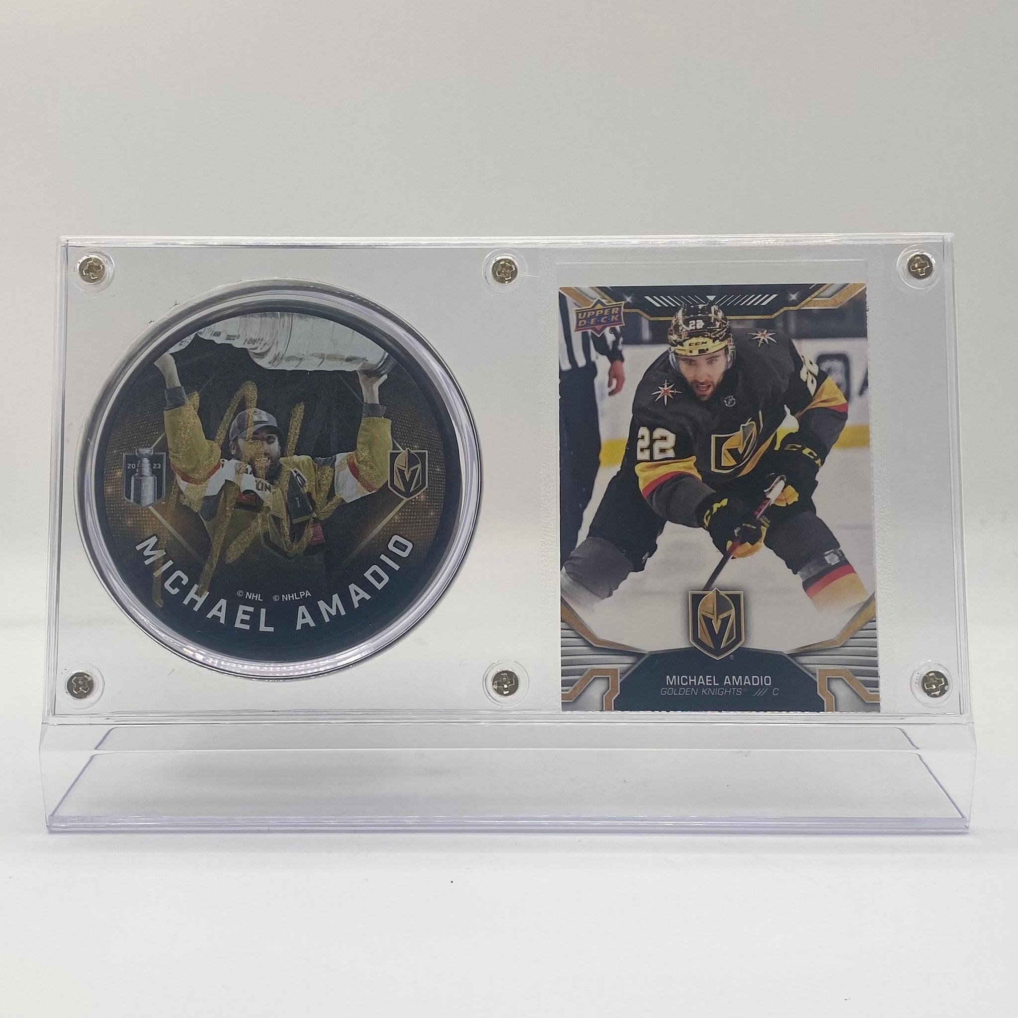 Michael Amadio Vegas Golden Knights Autographed Hockey Puck and Trading Card Case