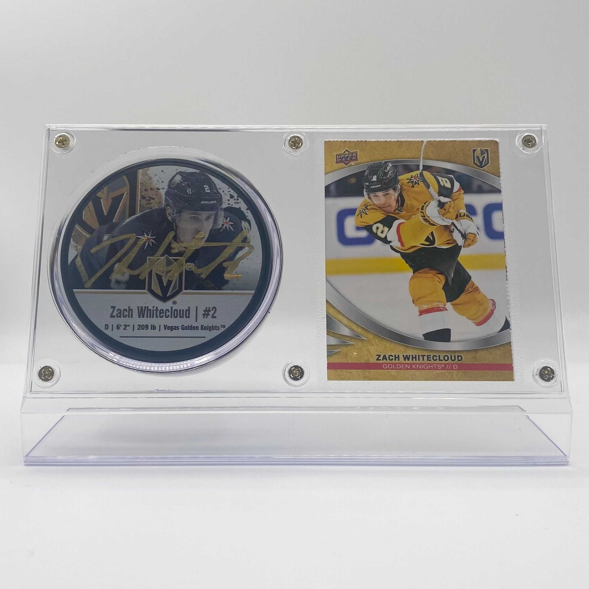 Zach Whitecloud Vegas Golden Knights Autographed Hockey Puck and Trading Card Case
