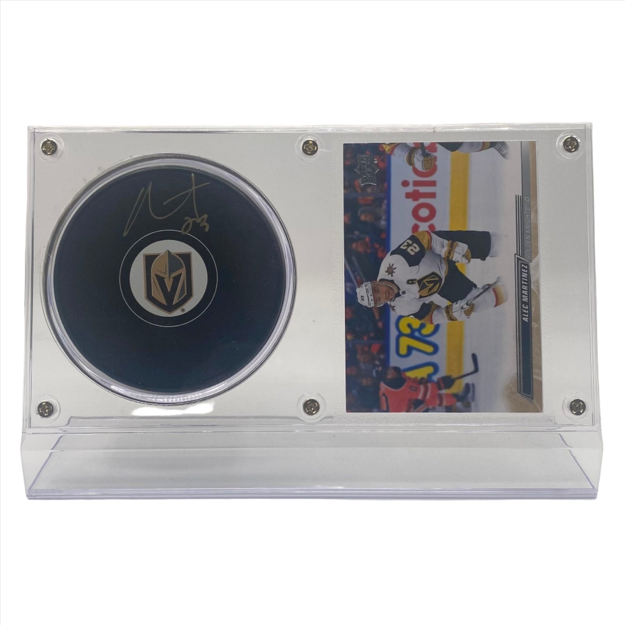 Alec Martinez Vegas Golden Knights Autographed Hockey Puck and Trading Card Case