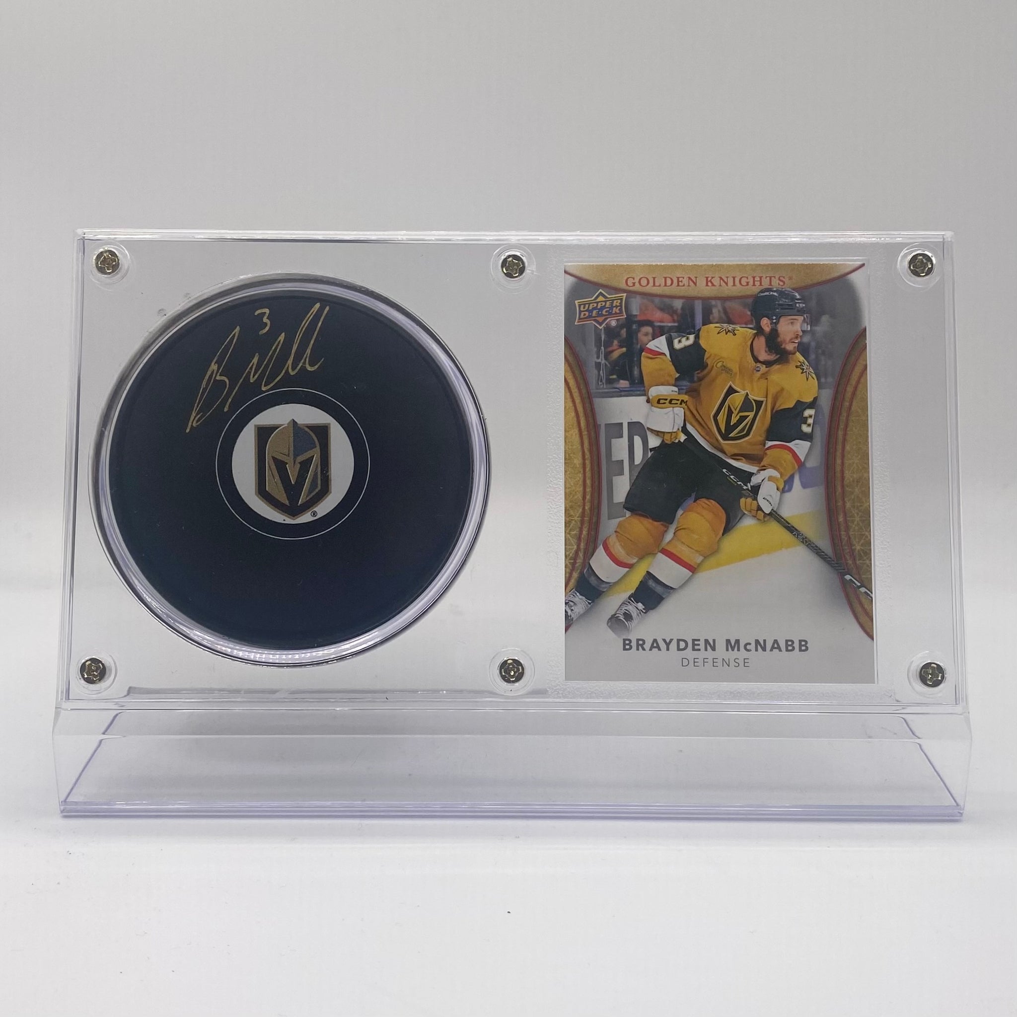 Brayden McNabb Vegas Golden Knights Autographed Hockey Puck and Trading Card Case
