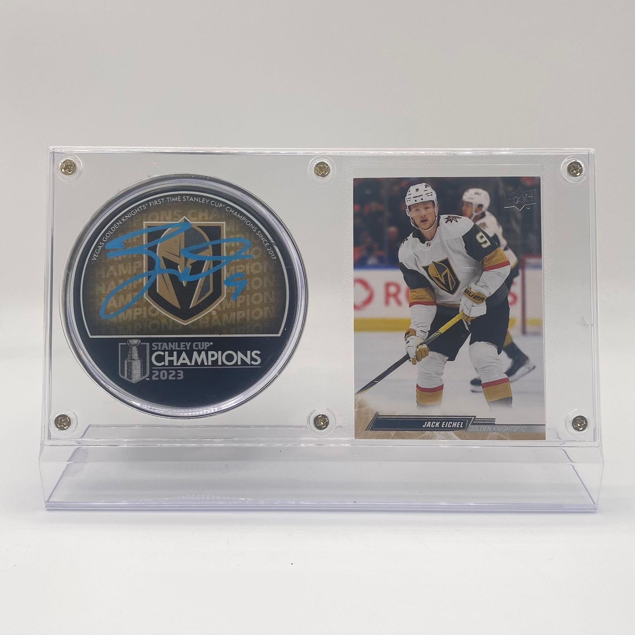 Jack Eichel Vegas Golden Knights Stanley Cup Champions Autographed Hockey Puck and Trading Card Case