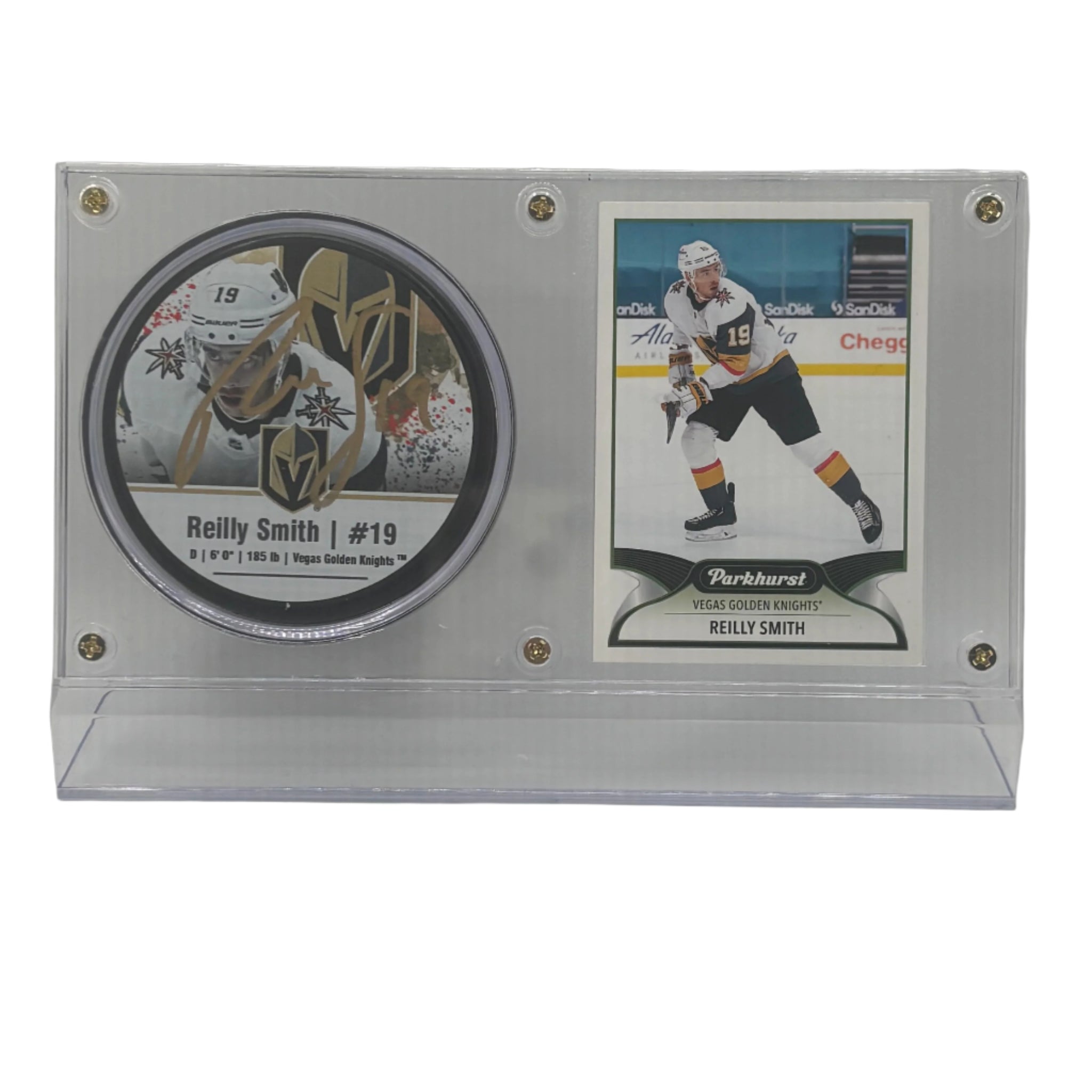 Reilly Smith Vegas Golden Knights Autographed Hockey Puck (AWAY) and Parkhurst Trading Card Case
