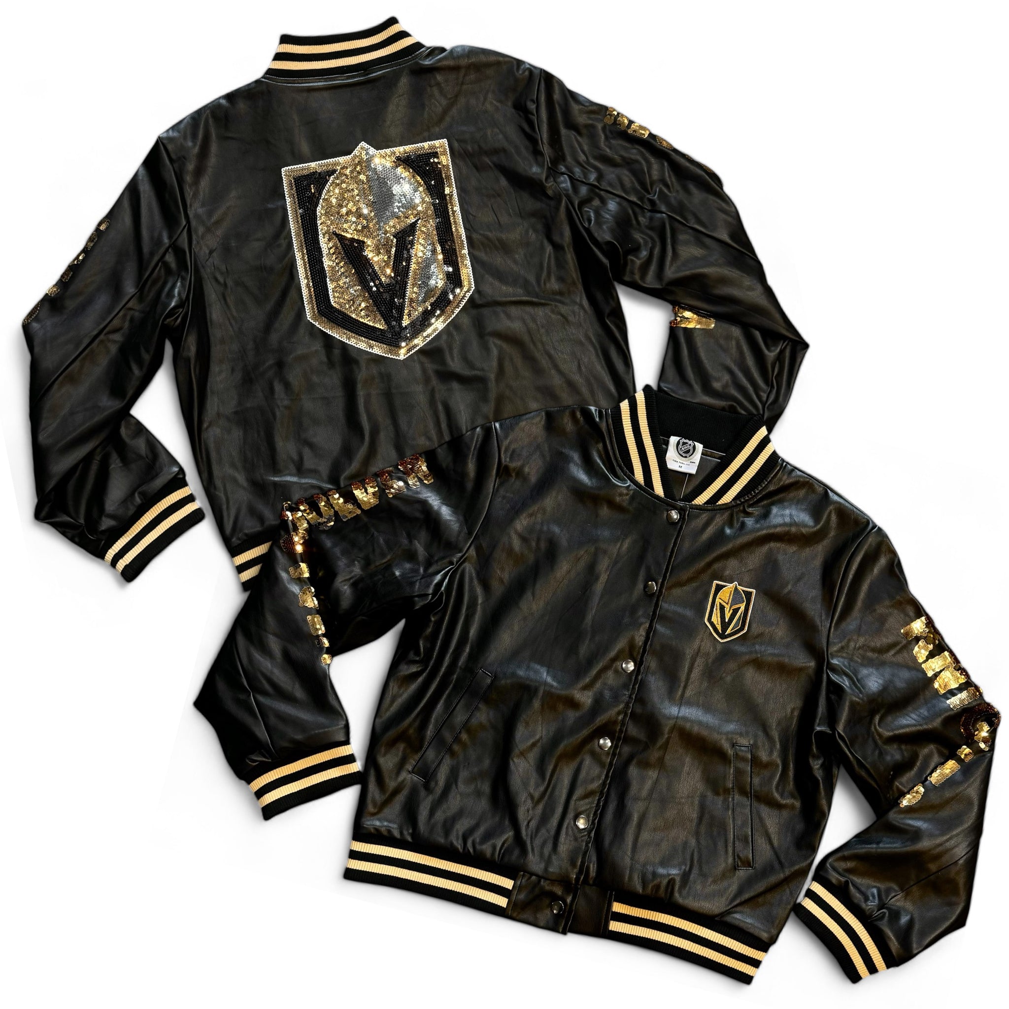Vegas Golden Knights Women's Vegan Leather Sequin Button Up Jacket - Black