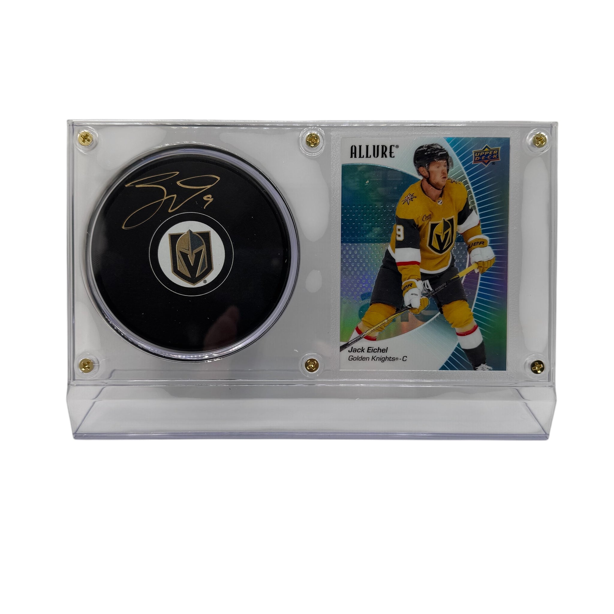 Jack Eichel Vegas Golden Knights Autographed Allure (Iridescent Blue) Hockey Puck and Trading Card Case