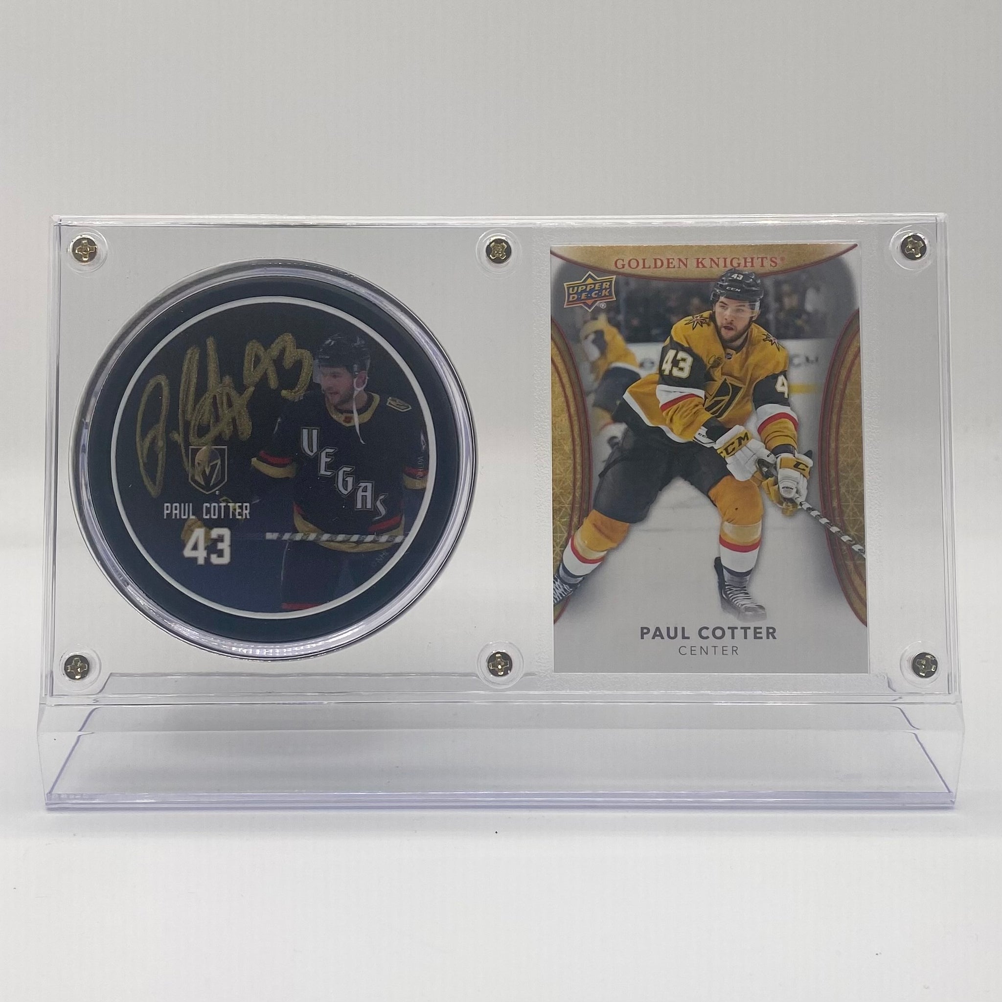 Paul Cotter Vegas Golden Knights Autographed Hockey Puck and Trading Card Case
