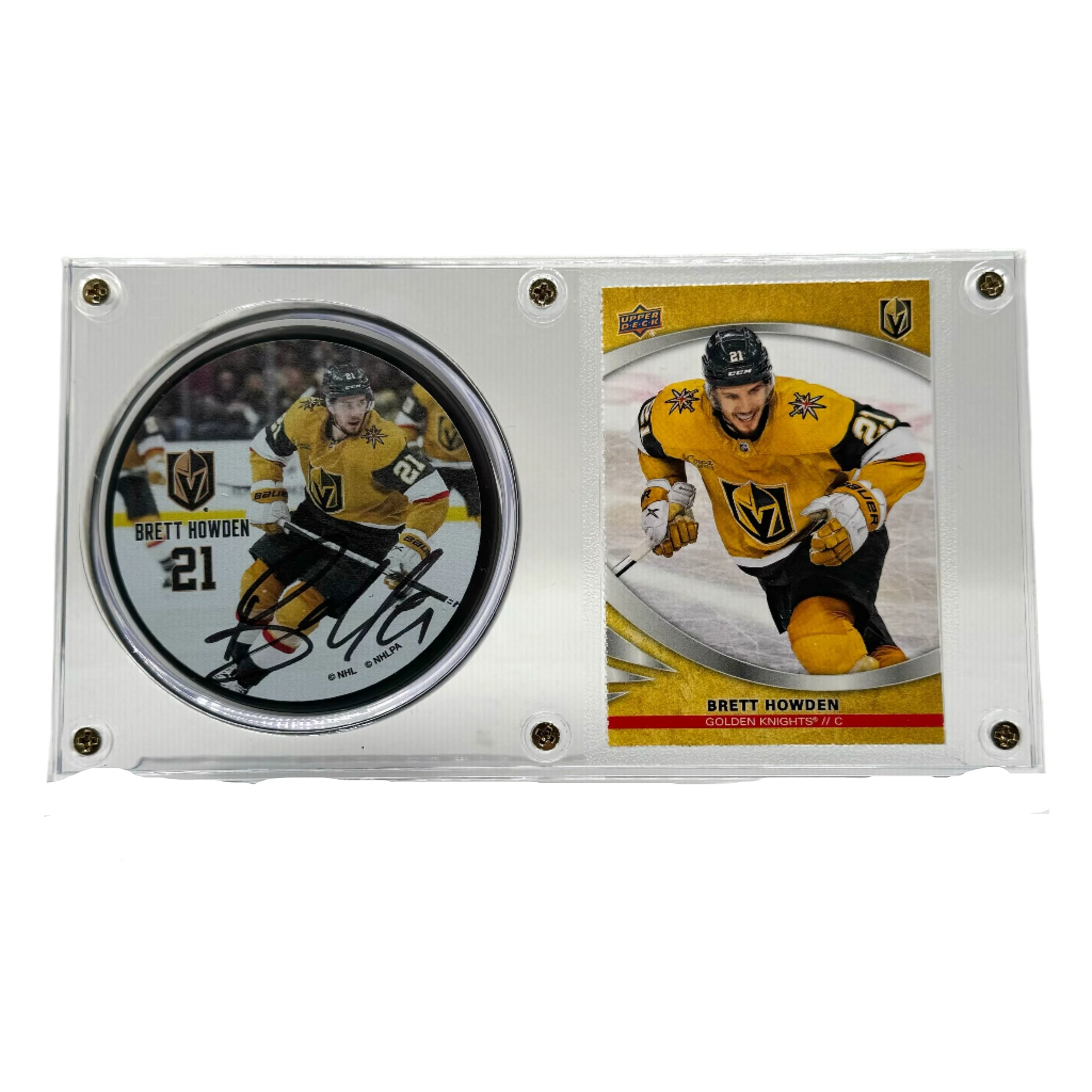 Brett Howden Vegas Golden Knights Autographed Hockey Puck and Trading Card Case