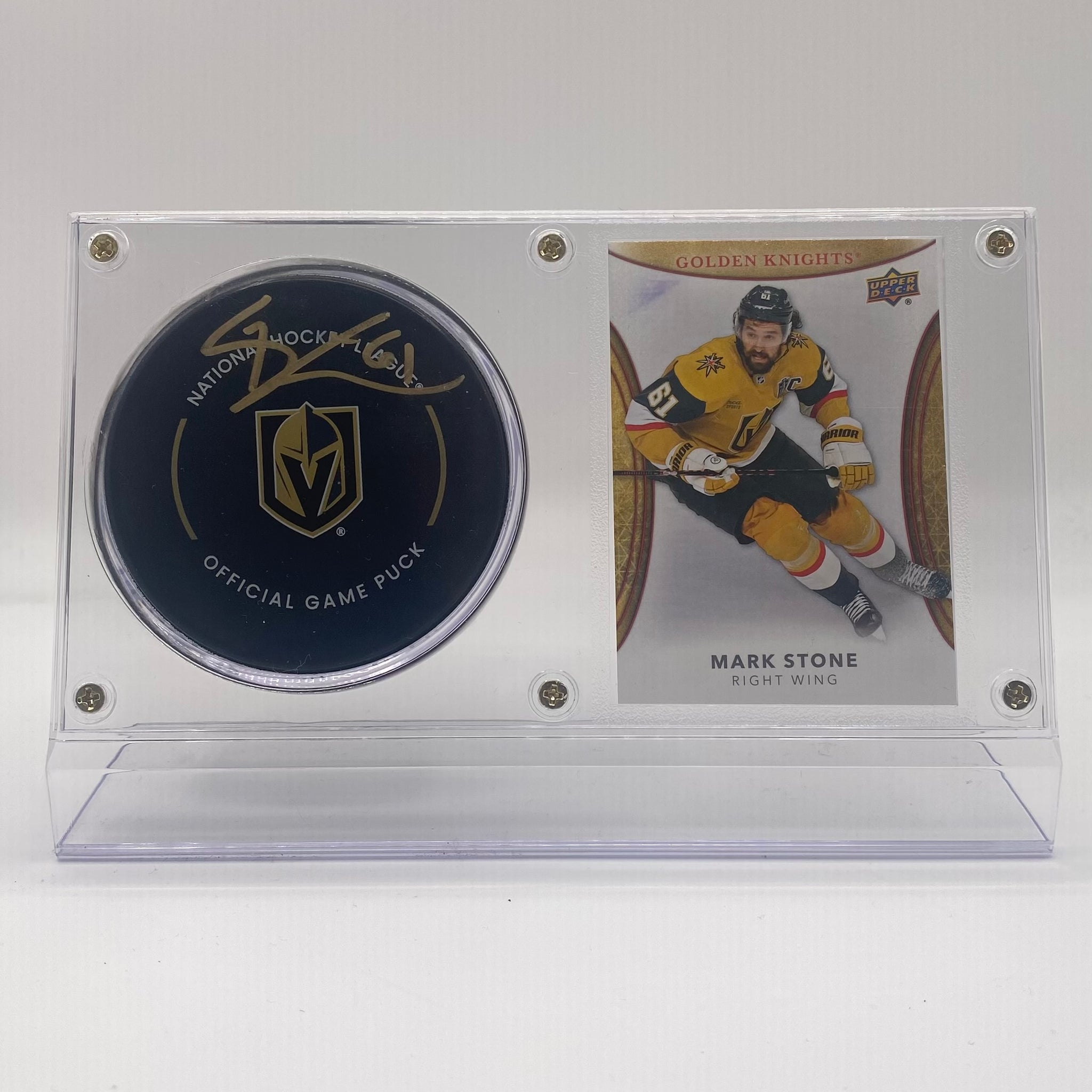 Mark Stone Vegas Golden Knights Autographed Hockey Puck and Trading Card Case