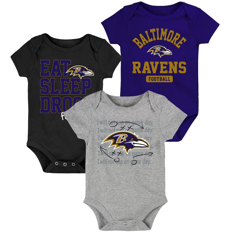 Baltimore Ravens Newborn & Infant Eat, Sleep, Drool Football Purple/Black Three-Piece Bodysuit Set