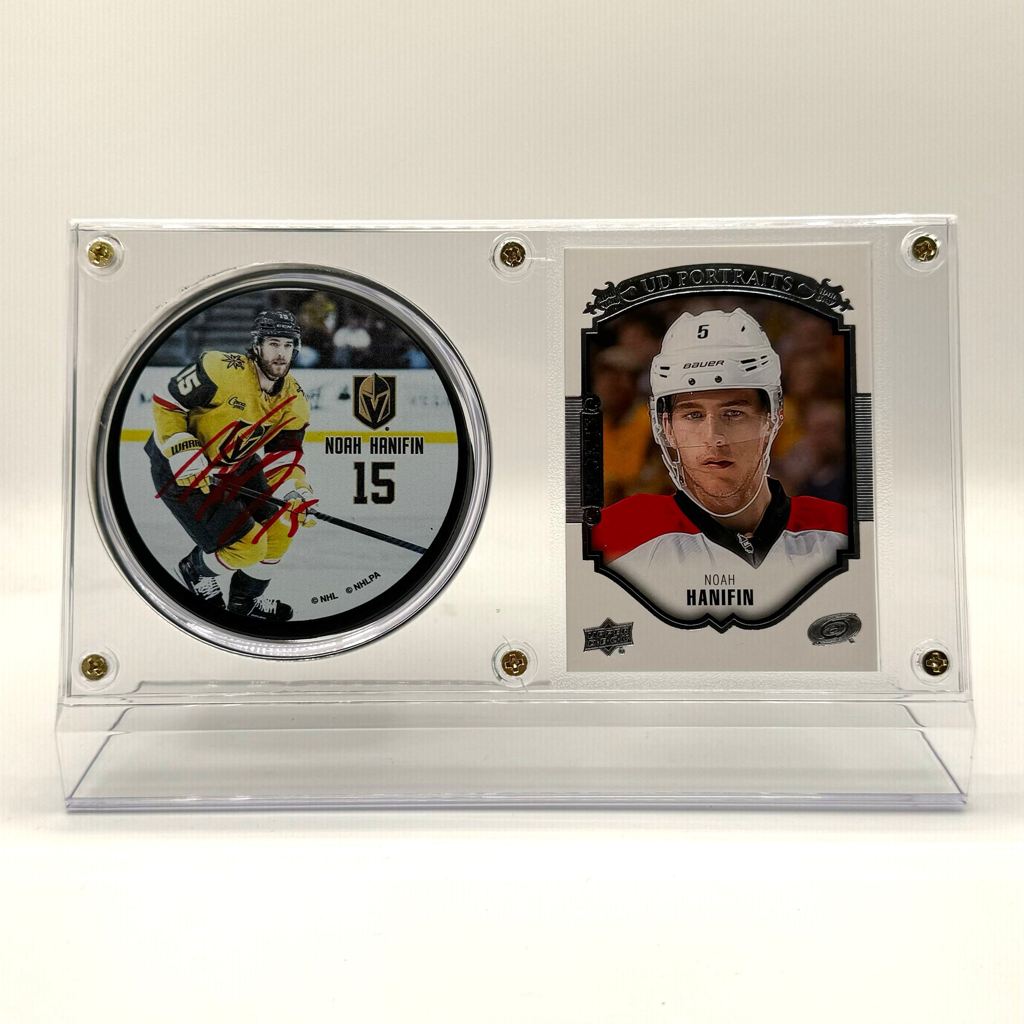Noah Hanifin Vegas Golden Knights Autographed Hockey Puck and Rookie Trading Card Case (White Card)