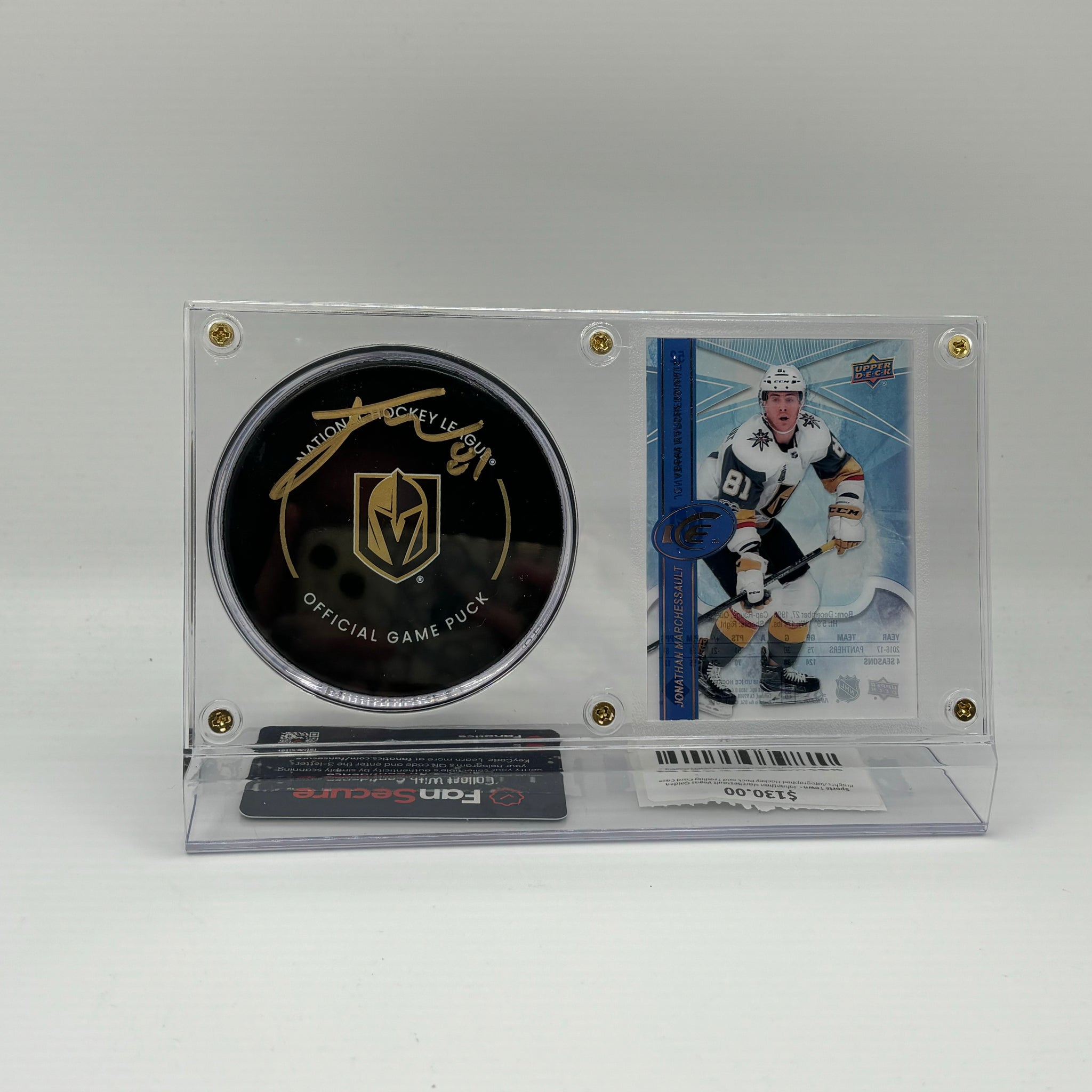 Johnathan Marchessault Vegas Golden Knights Autographed Hockey Puck and Trading Card Case