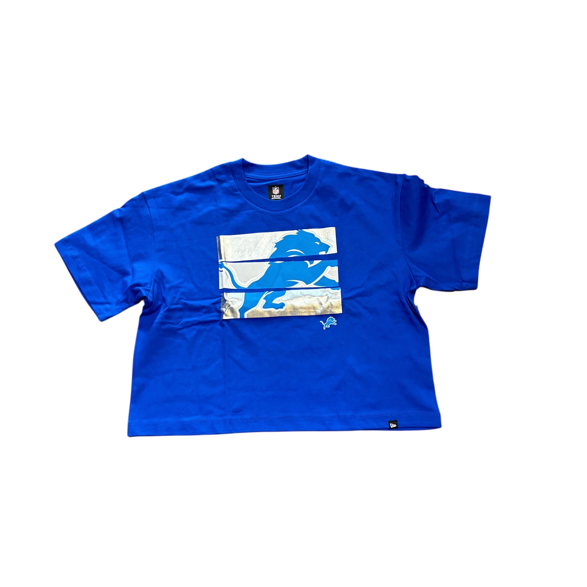 Detroit Lions Women's NE Primary Logo Foil Blue Crew SS Crop Tee
