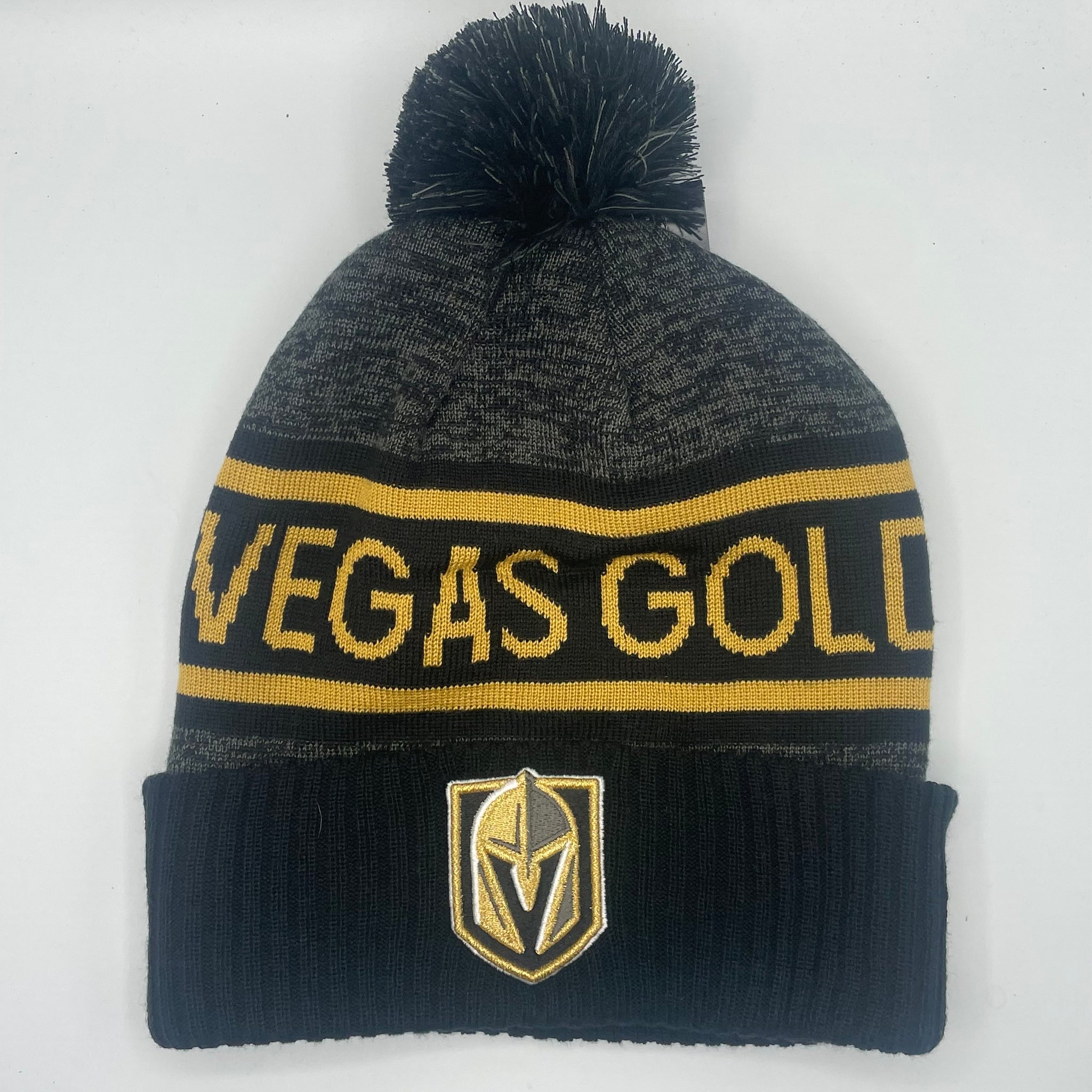 Vegas Golden Knights Authentic Pro Wordmark Cuffed Knit Hat w/ Pom - Black/Gold