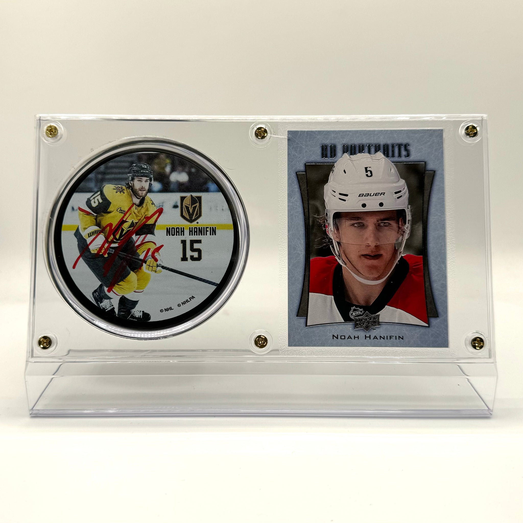 Noah Hanifin Vegas Golden Knights Autographed Hockey Puck and Rookie Trading Card Case (Blue Card)