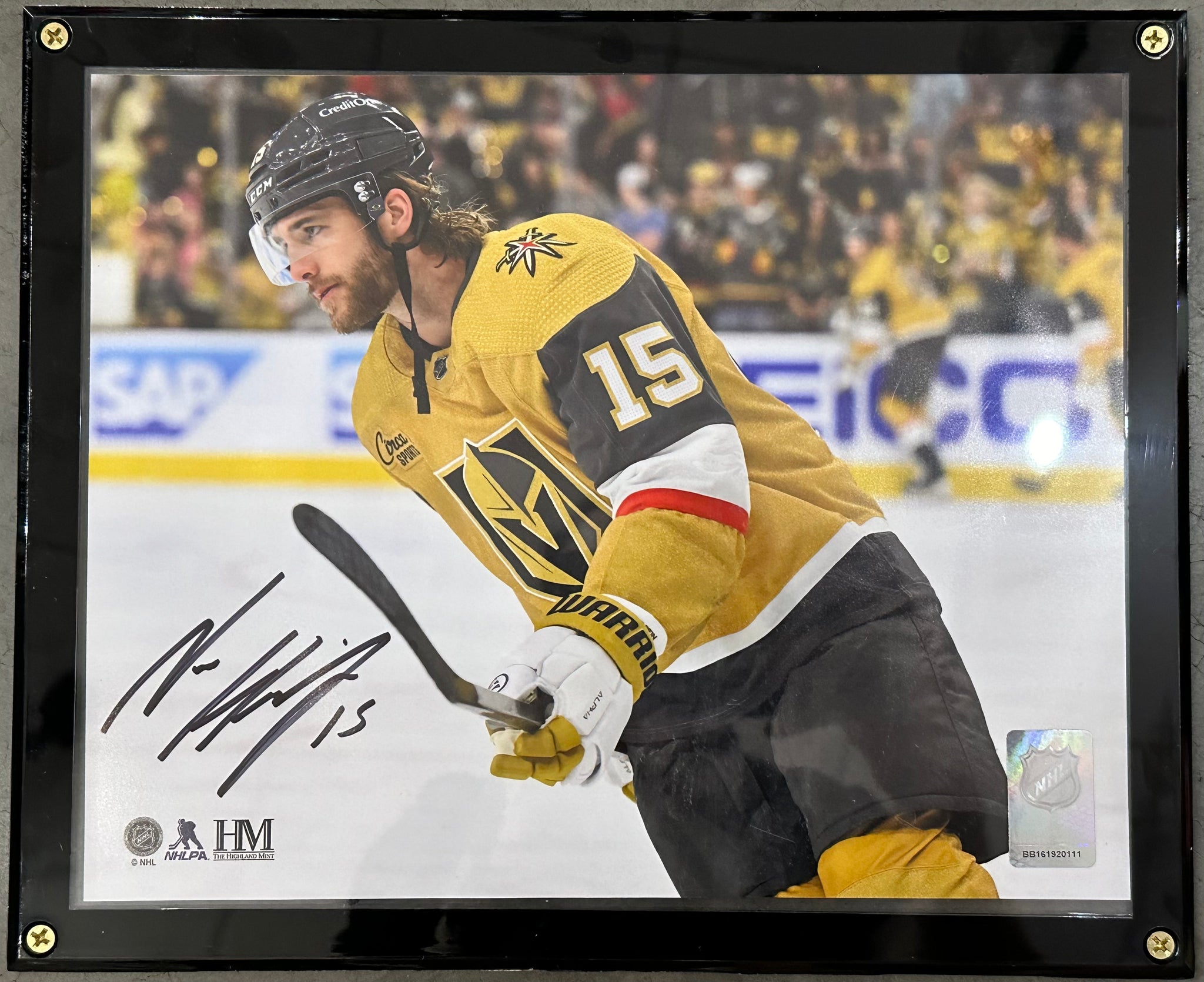 Noah Hanifin Signed Gold Jersey #1 8x10 Photo in Case