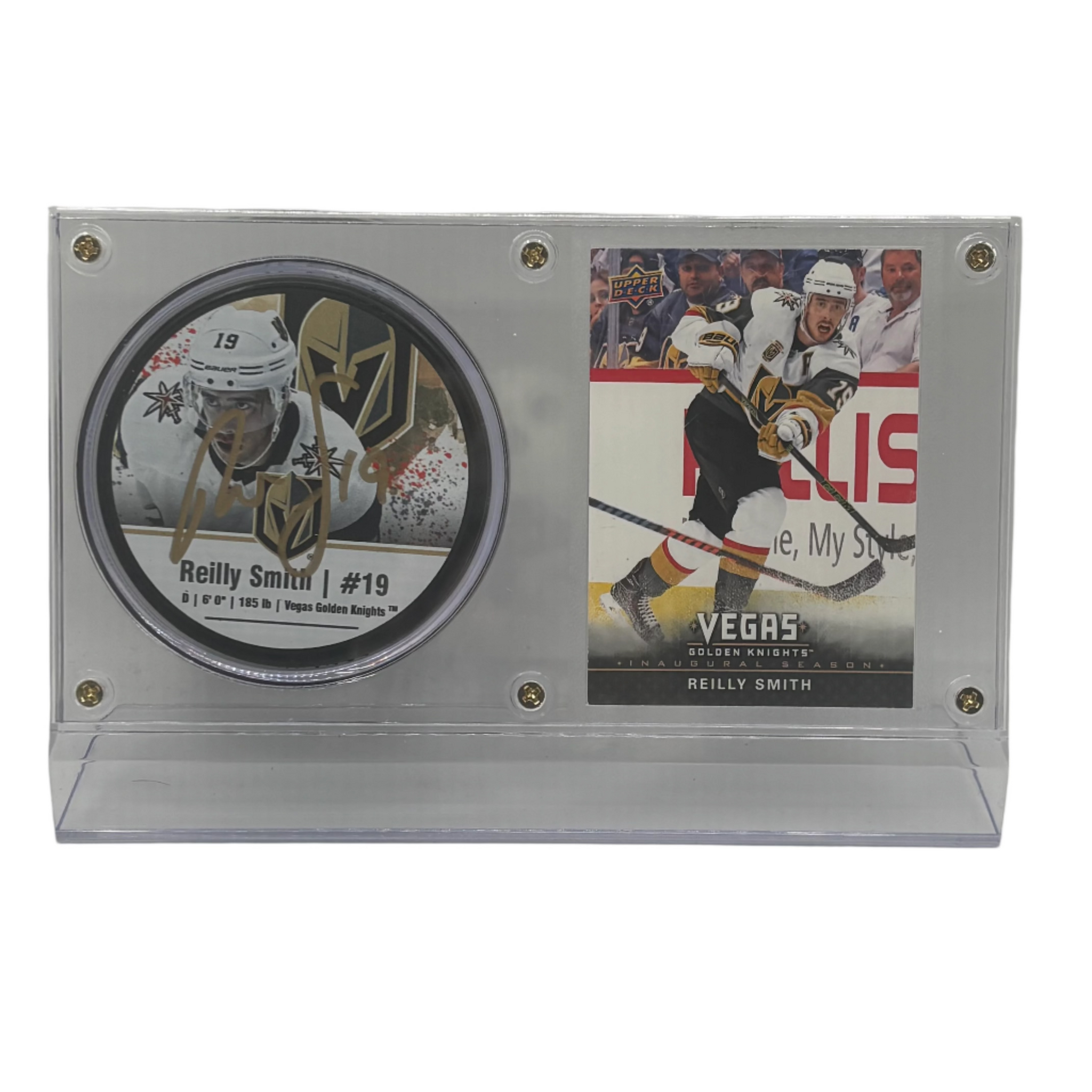 Reilly Smith Vegas Golden Knights Autographed Hockey Puck (AWAY) and Inaugural Trading Card Case