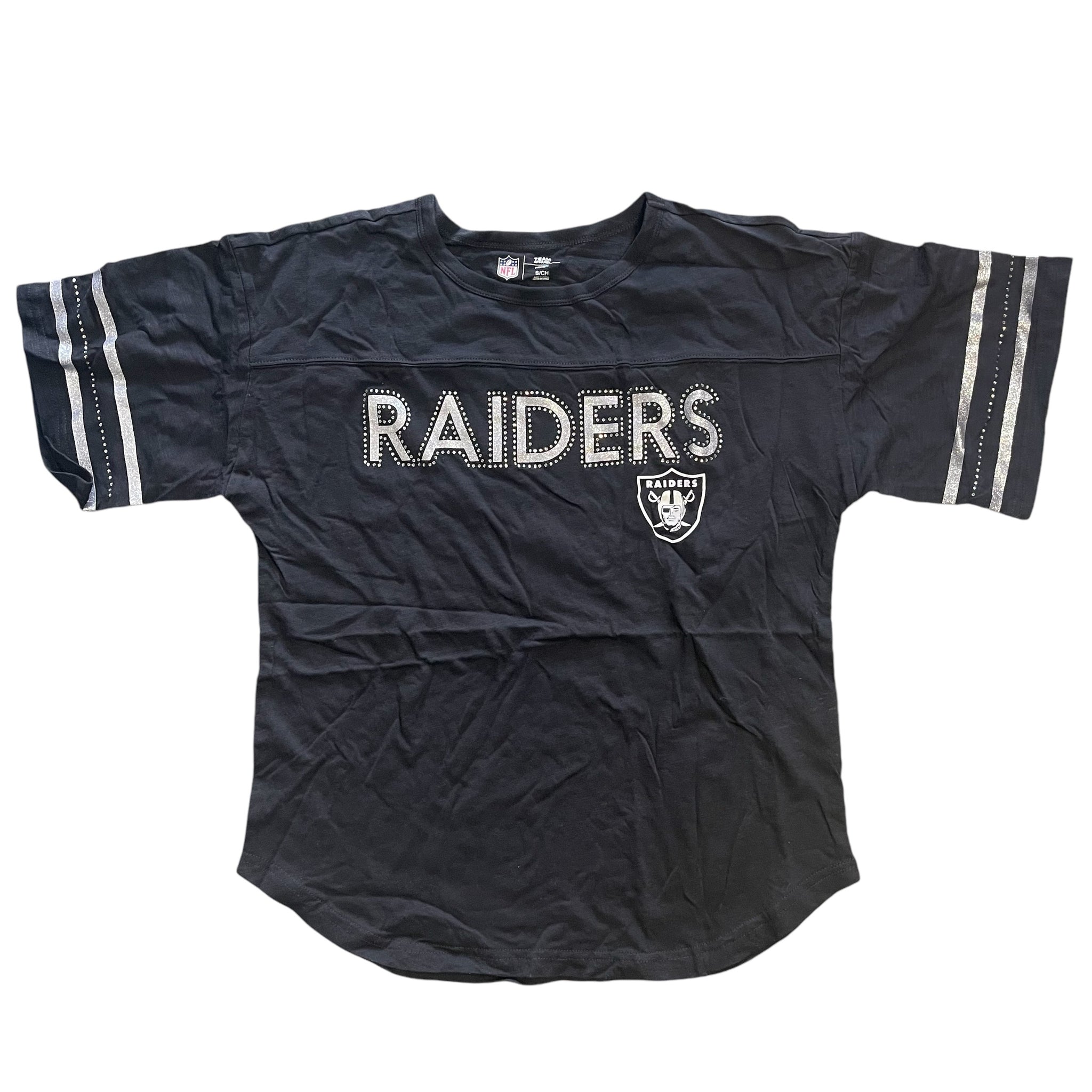 Las Vegas Raiders Foil Rhinestone Football Womens T-Shirt