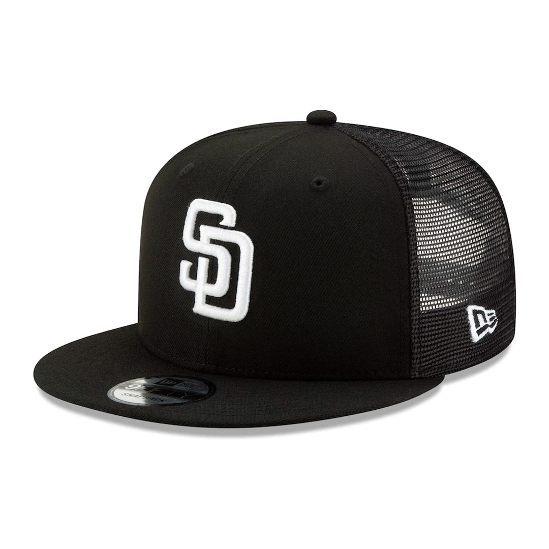SAN DIEGO PADRES TRUCKER 9FIFTY SNAPBACK HAT BLACK WHITE Sports Town USA san-diego-padres-trucker-9fifty-snapback-hat-black-white-sports-town-usa