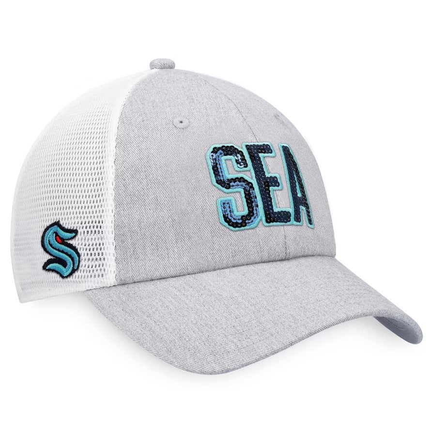Women's Seattle Kraken Fanatics Branded Heather Gray/White Iconic Glimmer Trucker Snapback Hat