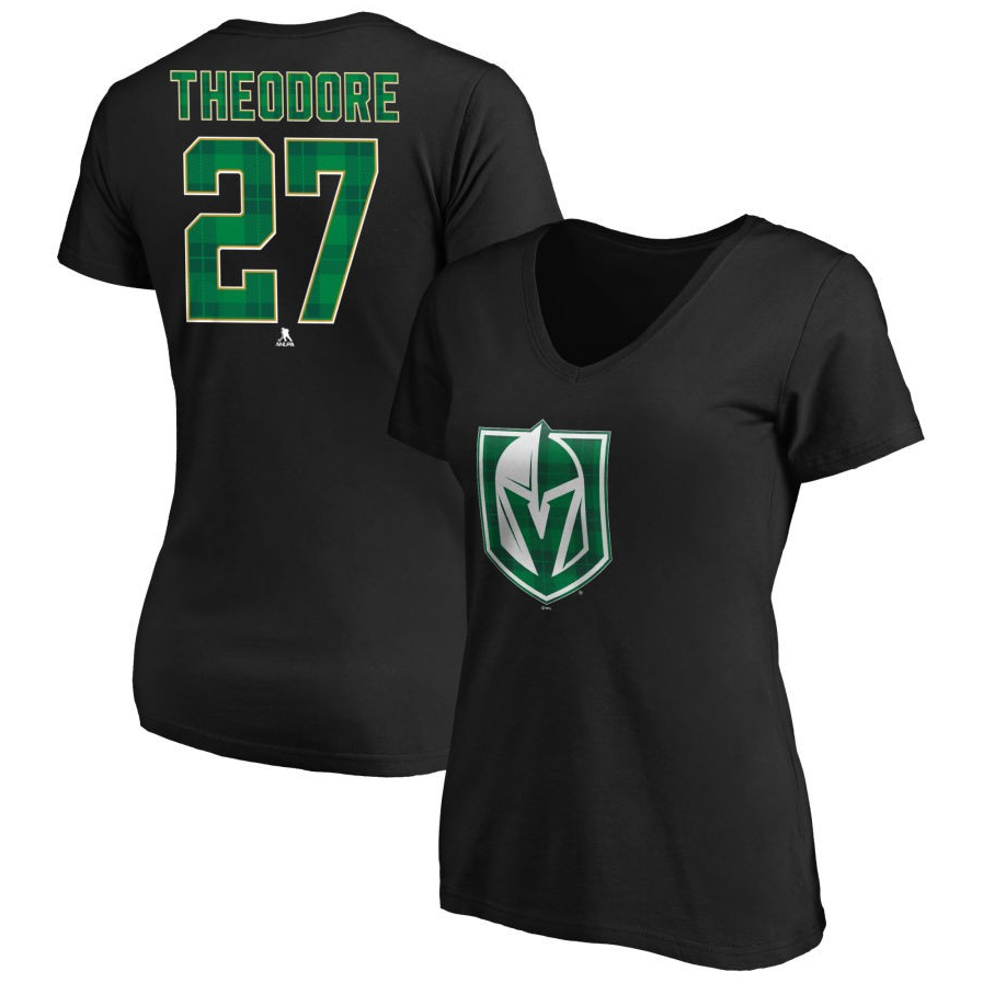 Vegas Golden Knights Shea Theodore #27 Women's St. Patrick's Name & Number T-Shirt