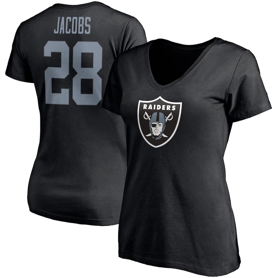Las Vegas Raiders Women's Josh Jacobs Black Player Icon Name & Number V-Neck T-Shirt