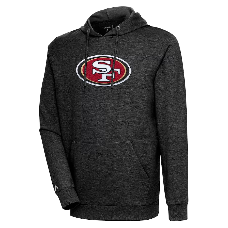 San Francisco 49ers Antigua Action Chenille Pullover Hoodie - Heathered Black