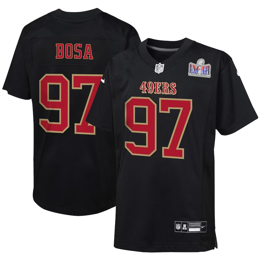 Nick Bosa San Francisco 49ers Super Bowl LVIII Youth Nike Patch Black Carbon Fashion Game Jersey