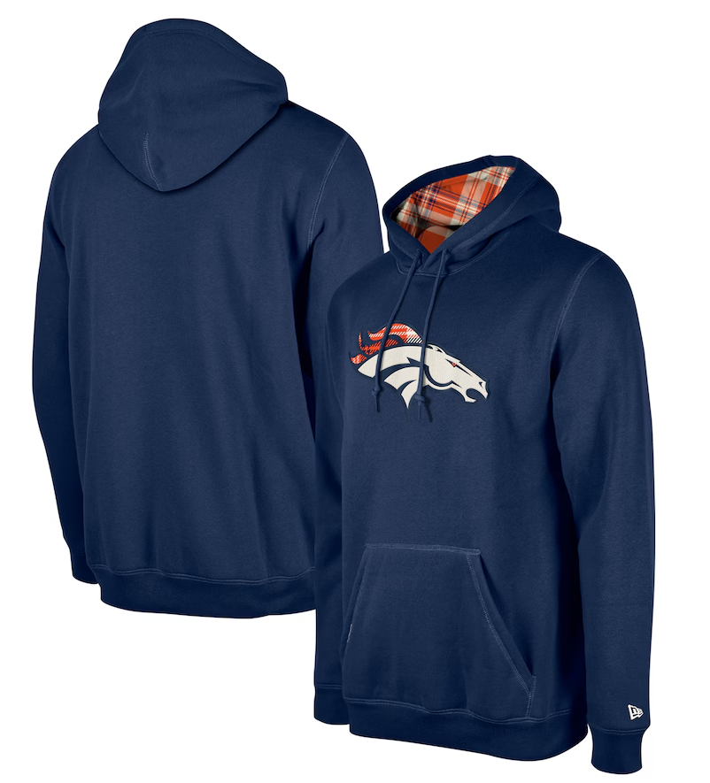Denver Broncos New Era 3rd Down Plaid Pullover Hoodie - Navy