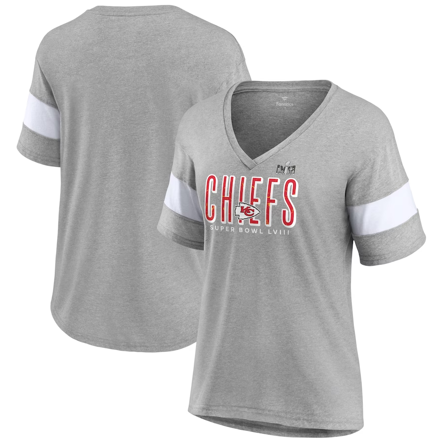 Kansas City Chiefs Fanatics Branded Women's Super Bowl LVIII Cheer Section Tri-Blend V-Neck Fashion T-Shirt - Heather Gray***