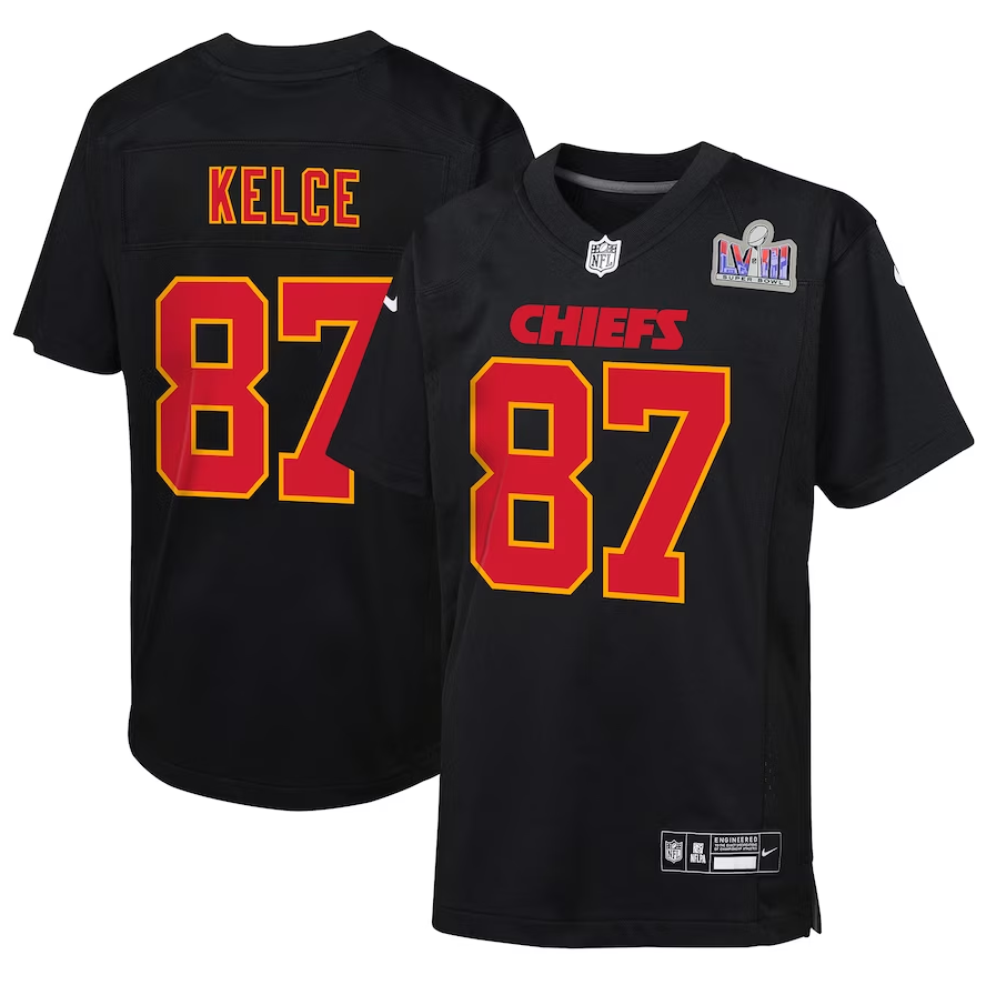 Travis Kelce Black Kansas City Chiefs Super Bowl LVIII Patch Youth Nike Carbon Fashion Game Jersey