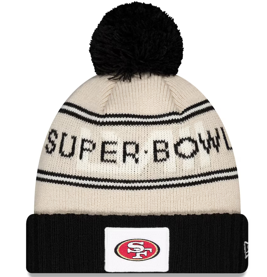 Men's New Era Cream/Black San Francisco 49ers Super Bowl LVIII Cuffed Knit Hat with Pom