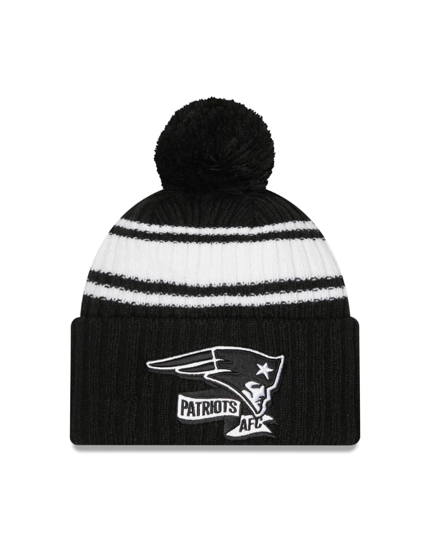 New England Patriots Black & White 2022 NFL Sideline Sport Pom Cuffed Knit Beanie