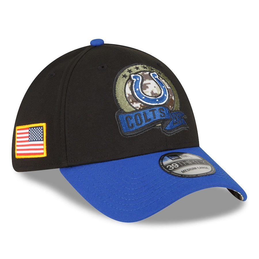 Men's Indianapolis Colts New Era Black/Blue 2022 Salute To Service 39THIRTY Flex Hat