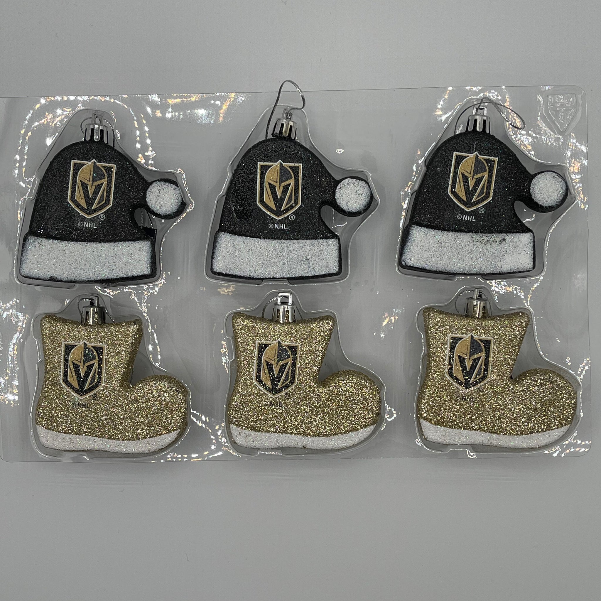 Vegas Golden Knights Six-Pack Shatterproof Santa Hat & Stocking Ornament Set
