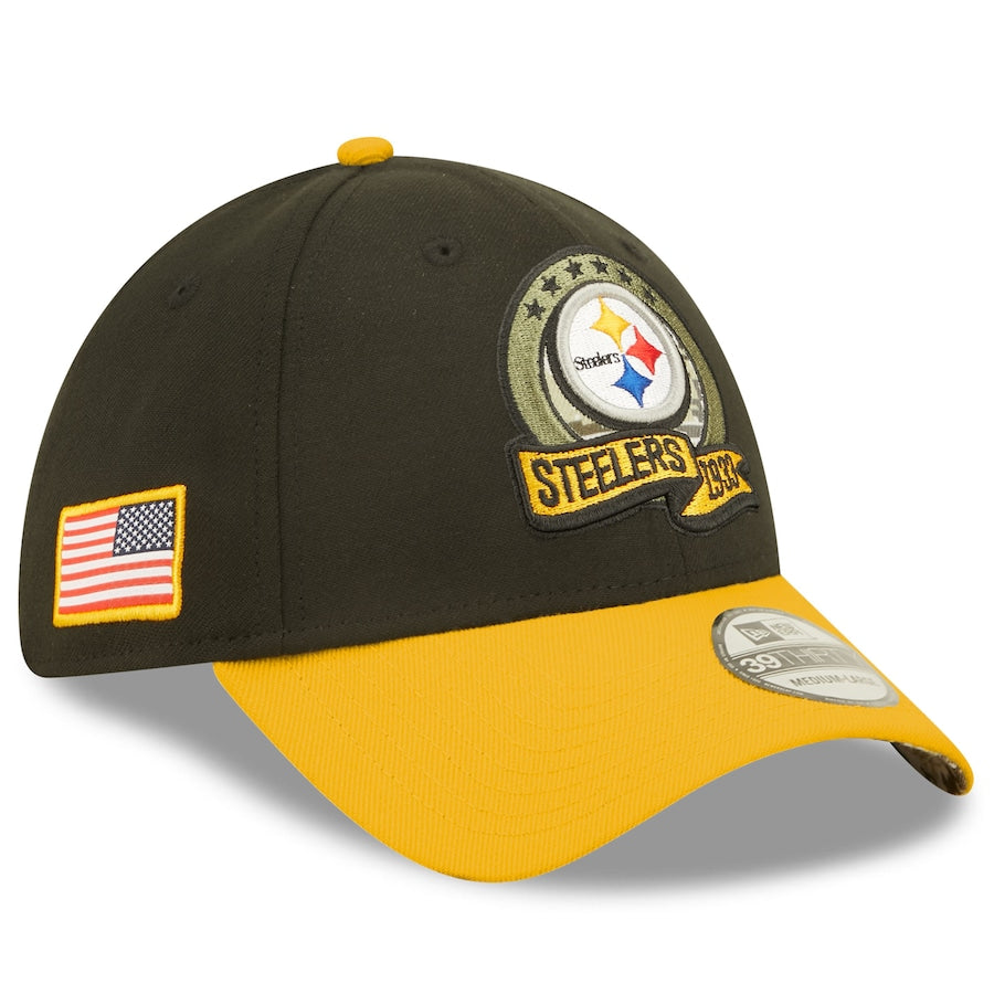 Men's Pittsburgh Steelers New Era Black/Yellow 2022 Salute To Service 39THIRTY Flex Hat